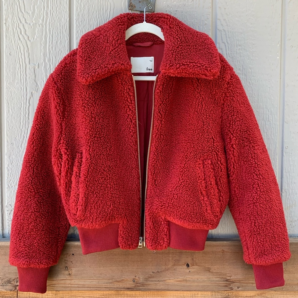 Wilfred Free red plush oversized full zip teddy sherpa jacket semi cropped - Picture 1 of 16